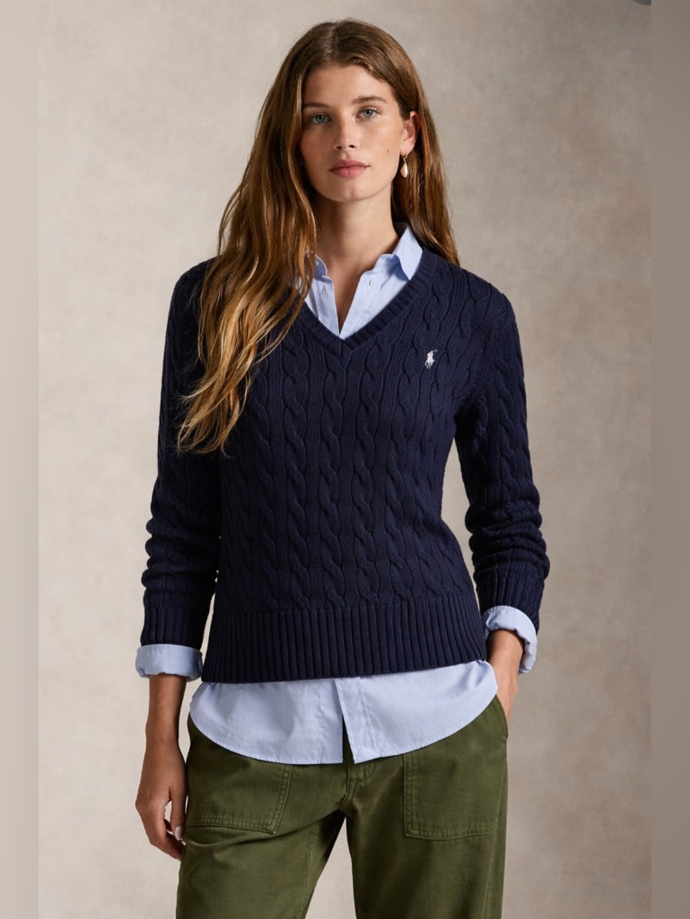 POLO RALPH LAUREN Navy Cable Knit V Neck Sweater Quiet Luxury Preppy S NWOT